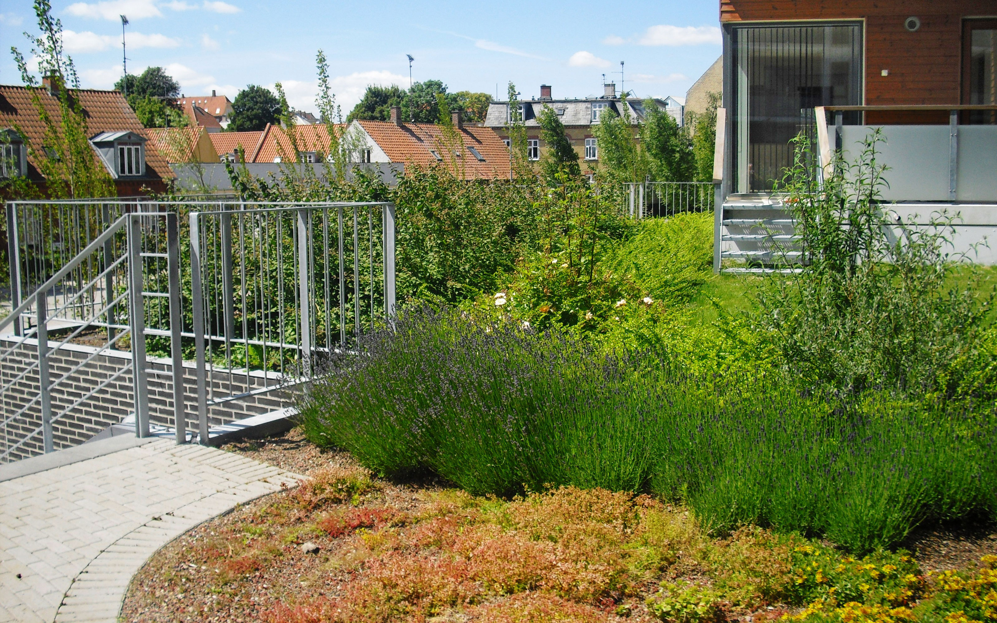 Only the stairway suggests that there is a parking garage under the garden.  Stairs onto a green roof